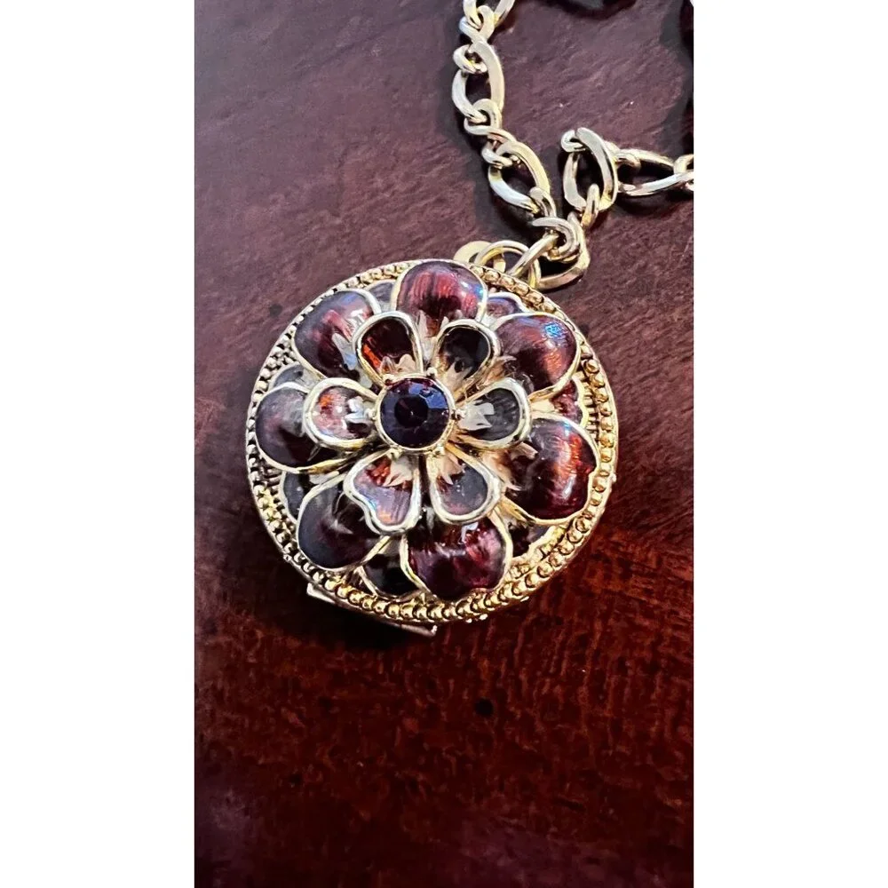 Vtg JOAN RIVERS‎ Victorian Language of Flowers Locket Charm Necklace Gold Enamel